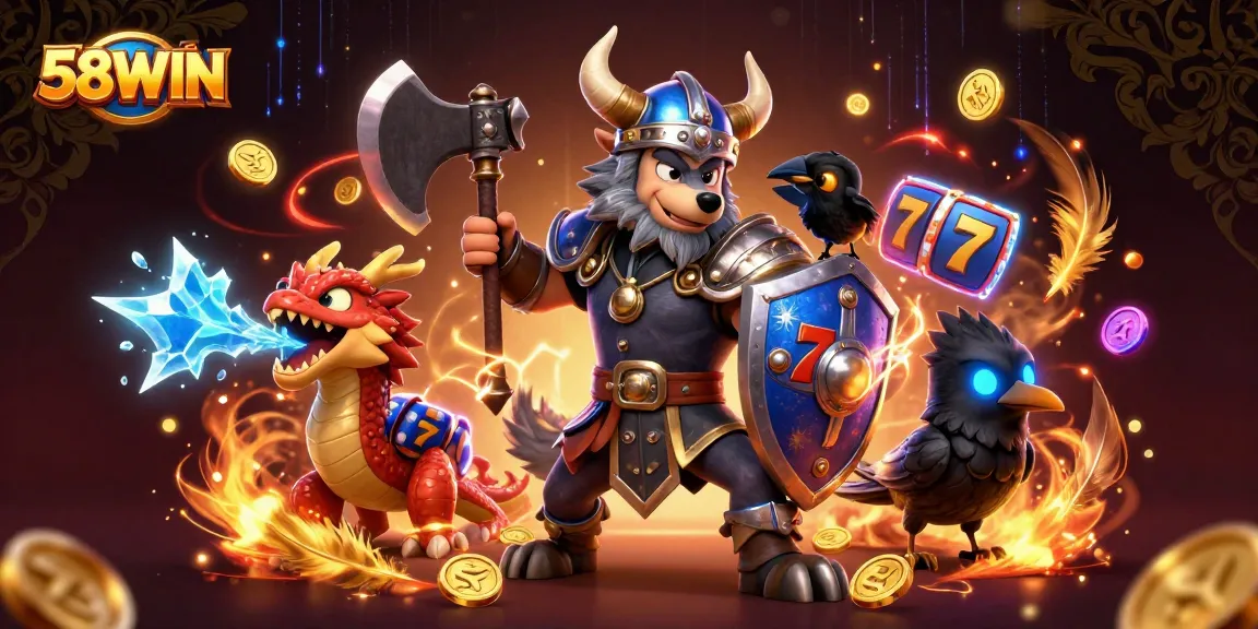 Engage in thrilling gameplay at 58WIN with captivated Viking wolf, dragon, and raven.
