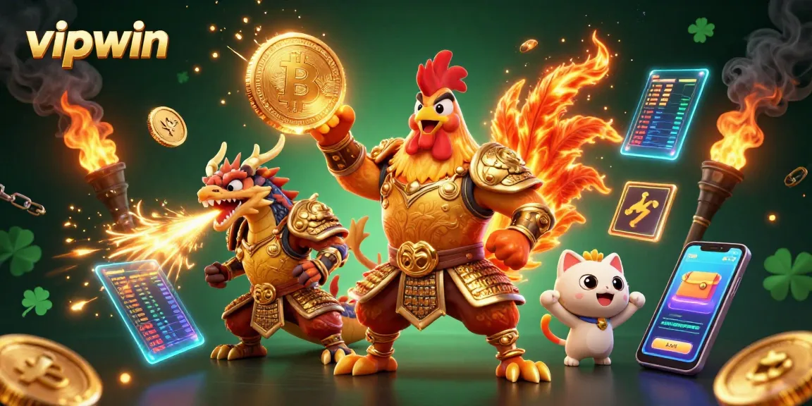 Bet big with vipwin's dynamic casino scene featuring a rooster warrior and a dragon hatchling.