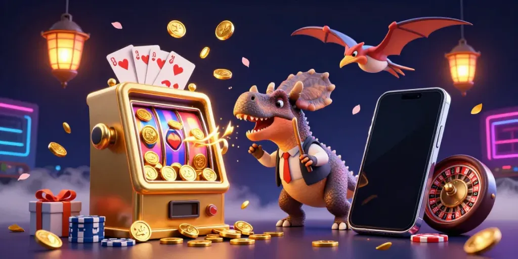 Experience the excitement of Trang chủ GO99 as a pachycephalosaurus collides with a golden slot machine pouring out coins in this vibrant scene.