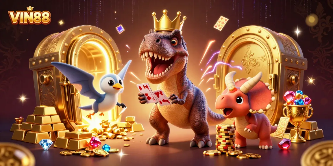 WIN88 casino scene where a T-Rex shuffles cards, with gold coins and shiny gems around.