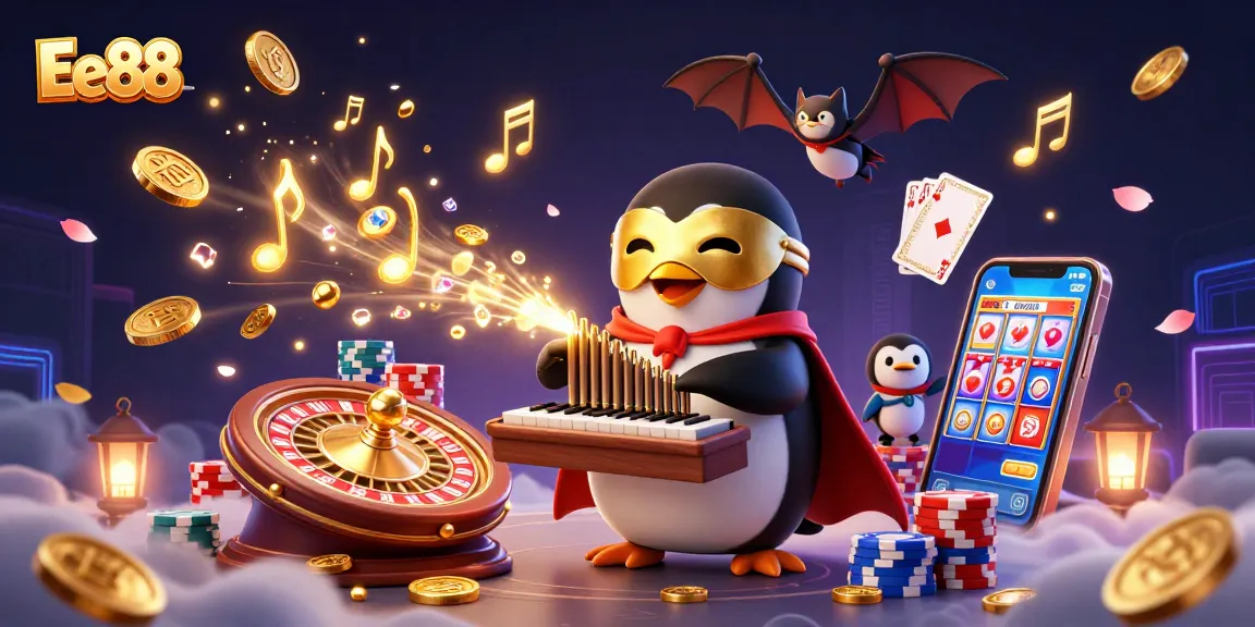 Engaging Ee88 casino scene with playful penguin and acrobat, showcasing excitement and gaming elements.