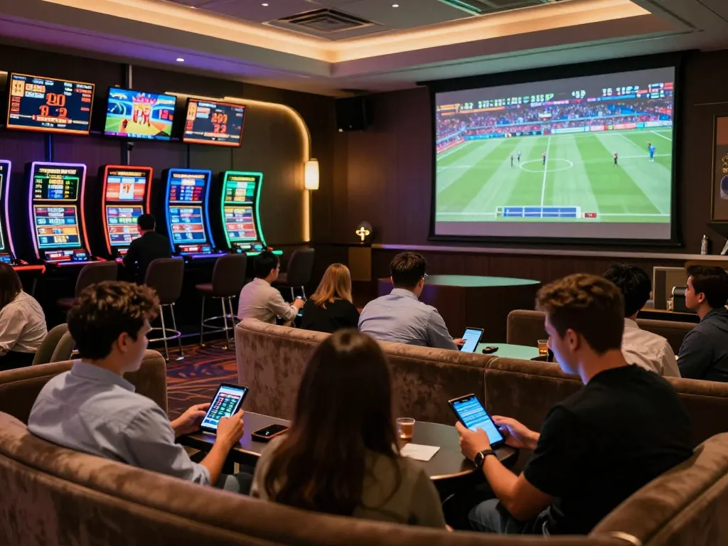Betting excitement at 79KING sports lounge with fans analyzing odds on mobile devices