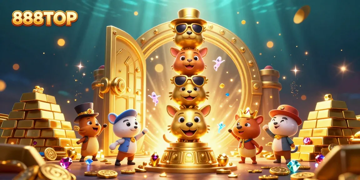 Experience fortune with 888TOP as animated characters celebrate winning in a vibrant casino environment.