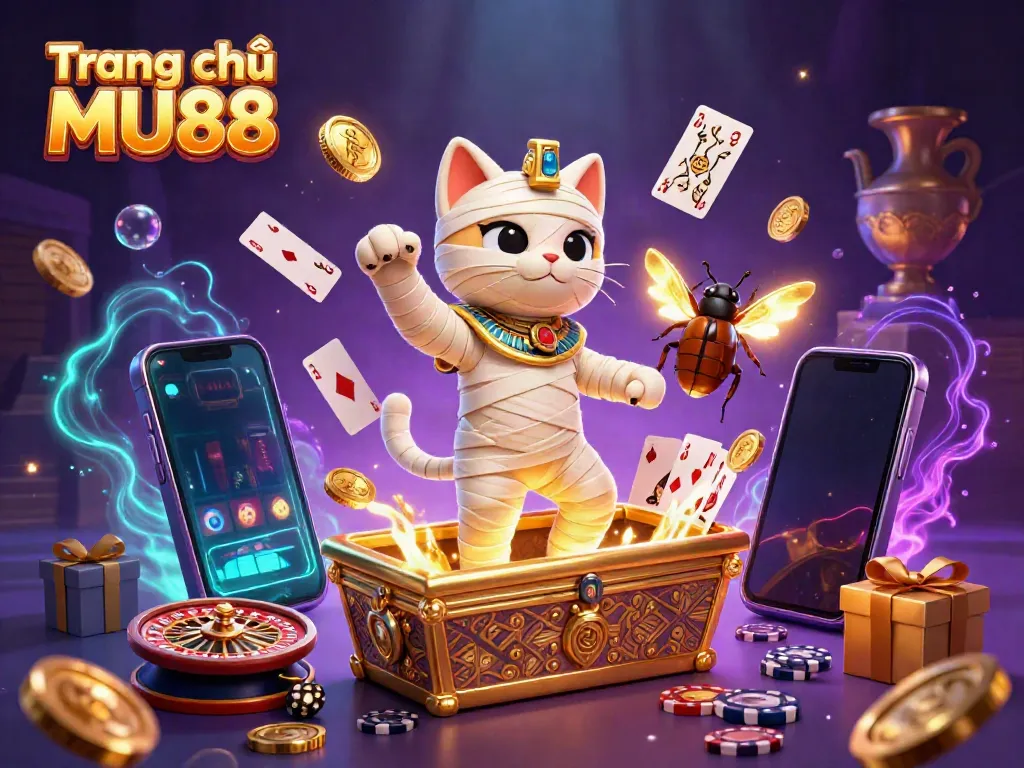 Experience the excitement of Trang chủ MU88 with an Egyptian mummy cat and gaming elements in a vibrant casino illustration.