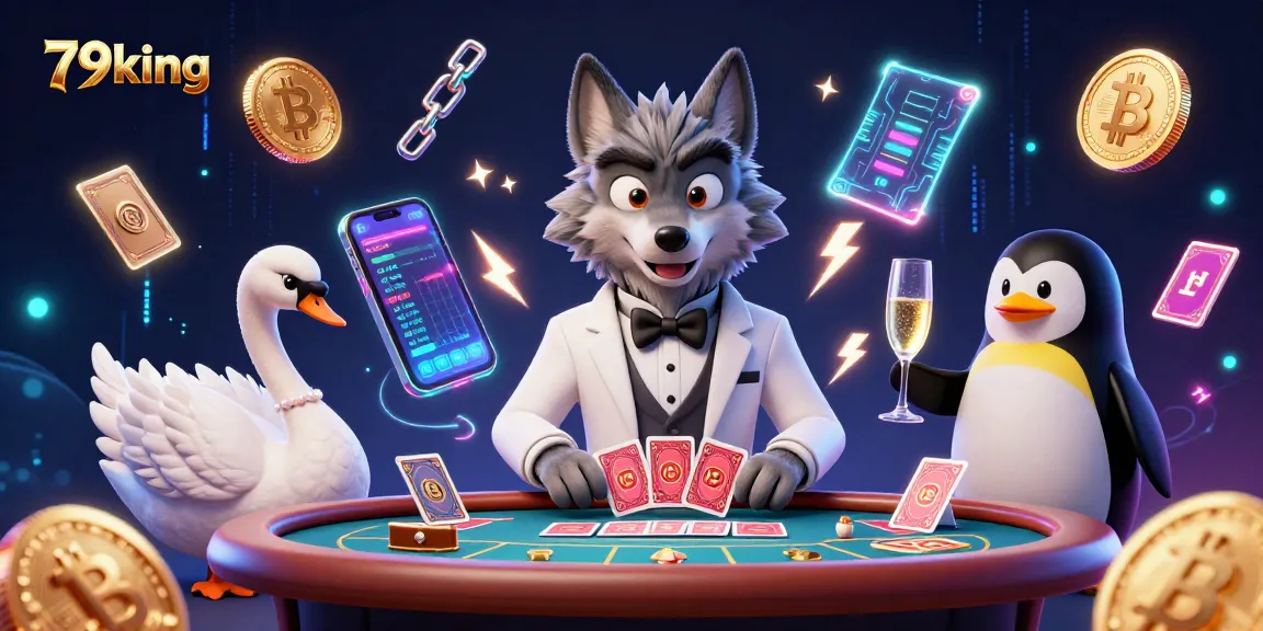 Experience thrilling gameplay at 79king with lively characters at a baccarat table amidst stunning visuals.