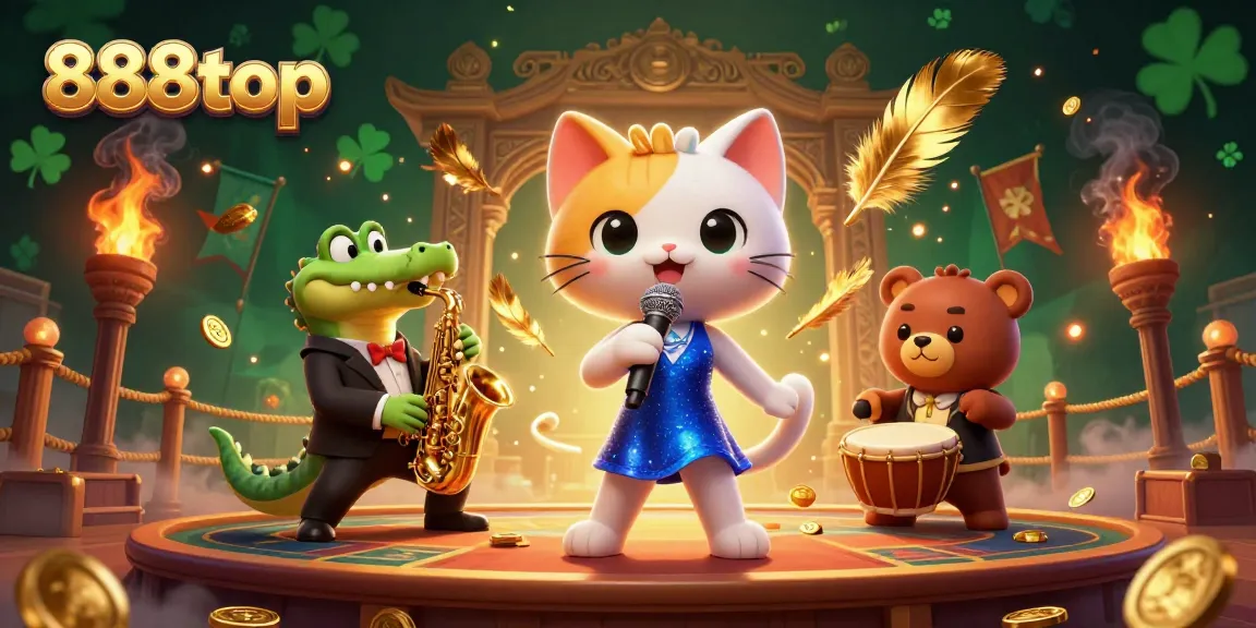 Experience the thrill of 888top with a vibrant casino scene featuring entertaining characters and dynamic gaming elements.