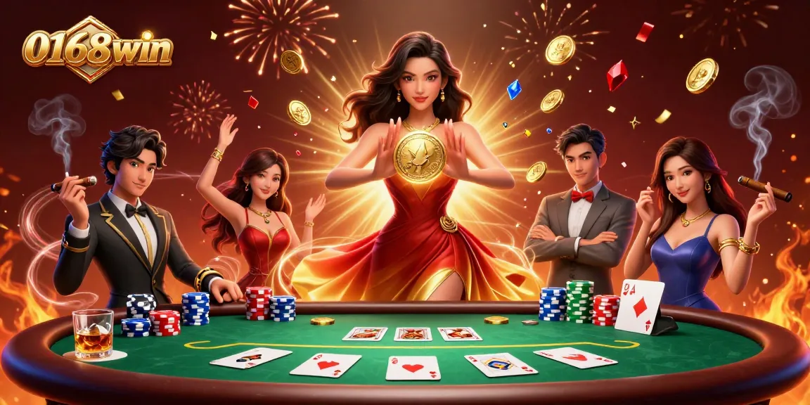 Experience the excitement at 0168win with a stunning illustration featuring a beautiful woman holding a golden coin, surrounded by casino elements.