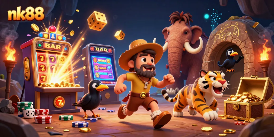 nk88 showcases a lively prehistoric casino scene with engaging characters and dynamic game elements.