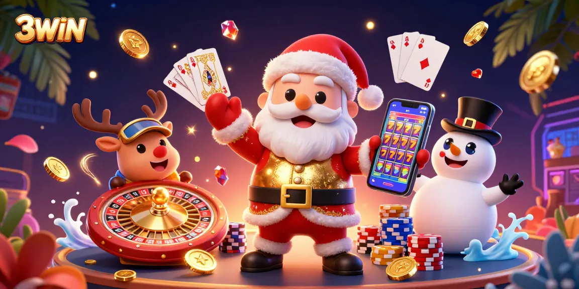 Experience the thrill at 3WIN with a festive casino ambiance featuring Santa, reindeer, and poker elements.