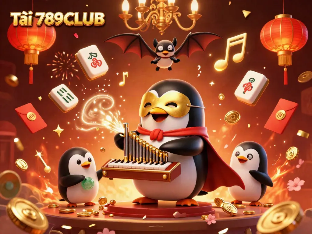 Tải 789CLUB with a vibrant 3D casino scene featuring a golden-masked penguin, bat acrobat, and dynamic game elements.
