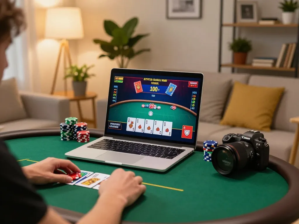 CM88 player strategizing poker on laptop in a cozy home gaming setup