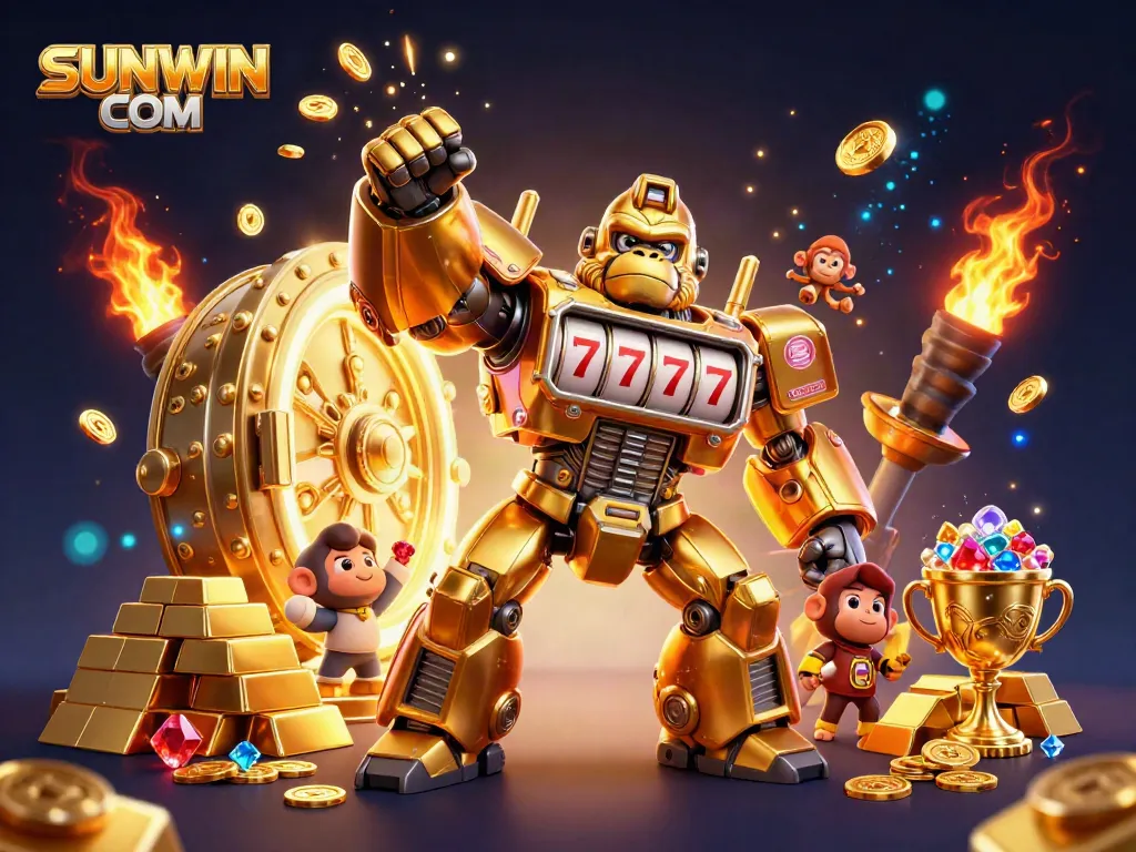 Experience excitement with SUNWIN COM as a golden gorilla mech dominates the vibrant casino scene, showcasing thrilling gambling elements.