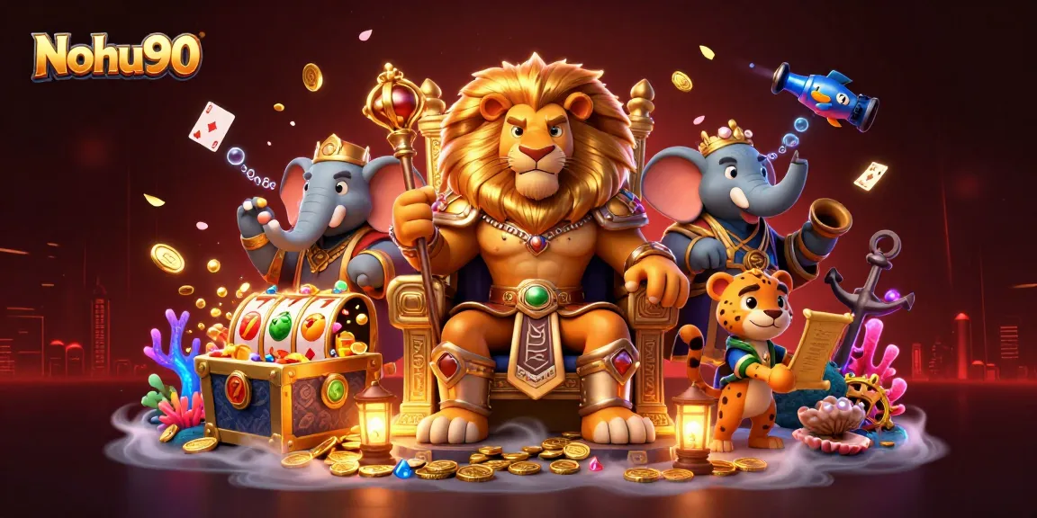 Nohu90 showcases vibrant 3D characters and exciting slots in a golden treasure scene.