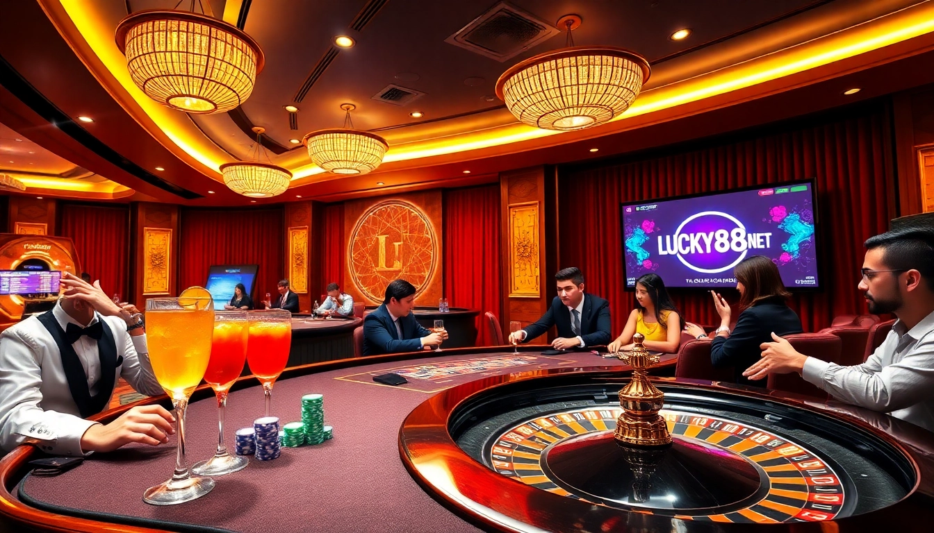 Players enjoying a thrilling game with the LUCKY88US.NET logo visible in a vibrant casino scene.