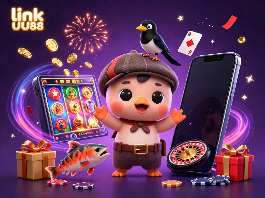 Engage with thrilling games at link UU88 with vibrant visuals of a cartoon Nessie, gaming elements, and festive delights.