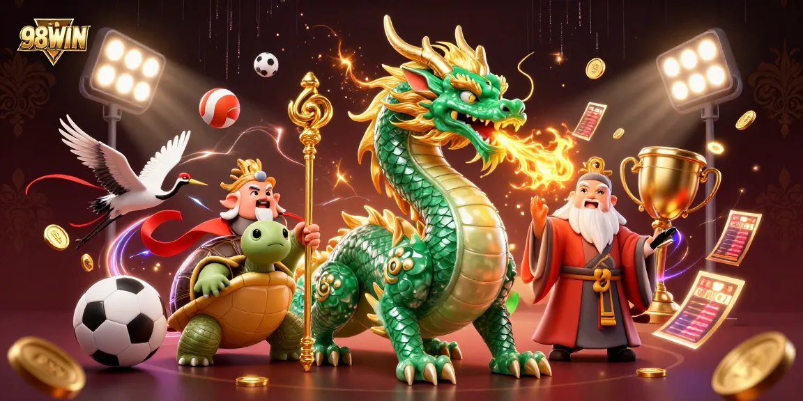 Engage with 98WIN's vibrant gambling world featuring a jade dragon, turtle sage, and lucky cranes amidst dynamic sports elements.