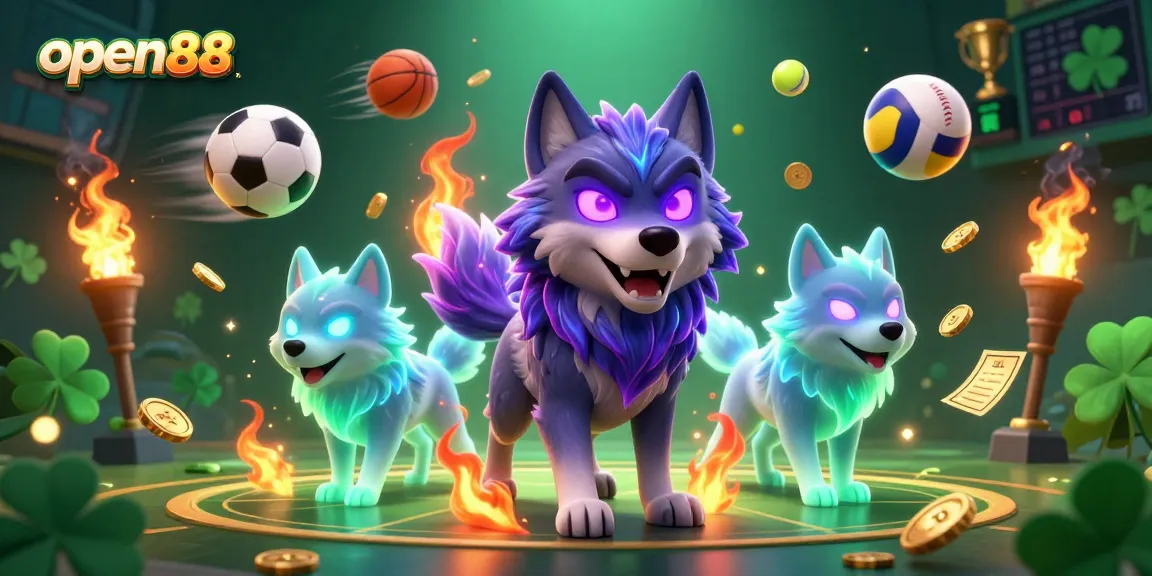 Engage with open88 sports betting action featuring dynamic 3D wolves and glowing trophies.