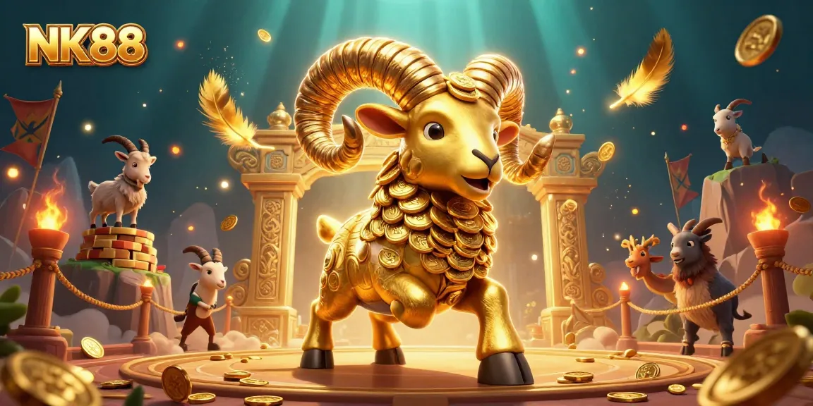 Engage in thrilling gaming with NK88, featuring a golden ram charging through a vibrant arena.