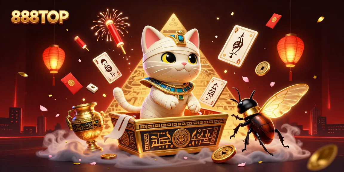 Experience the thrill of 888TOP with a vibrant 3D illustration showcasing an Egyptian mummy cat and a scarab beetle in a magical casino scene.