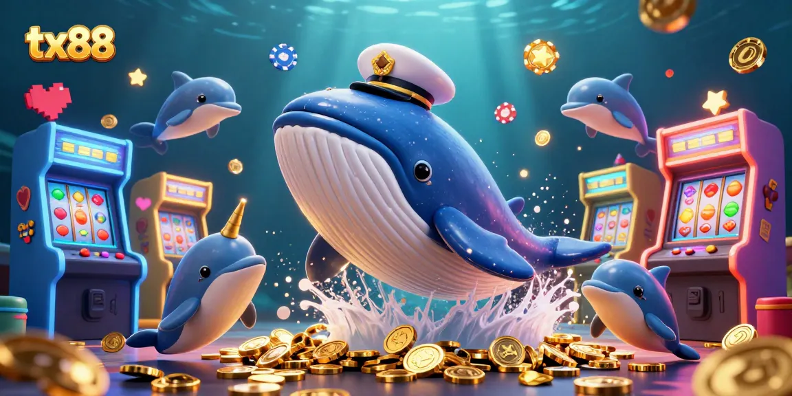 Engage with tx88's casino adventure: 3D whale and dolphins showcase poker chips.