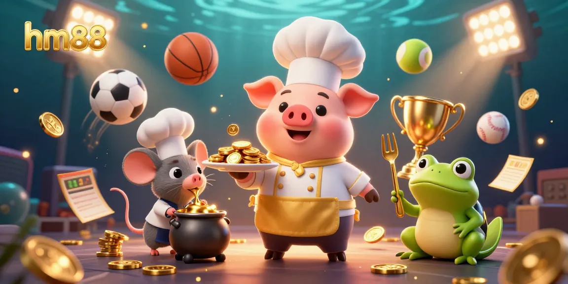 Experience exciting games with hm88, featuring a gold-plated cooking scene with character interactions.