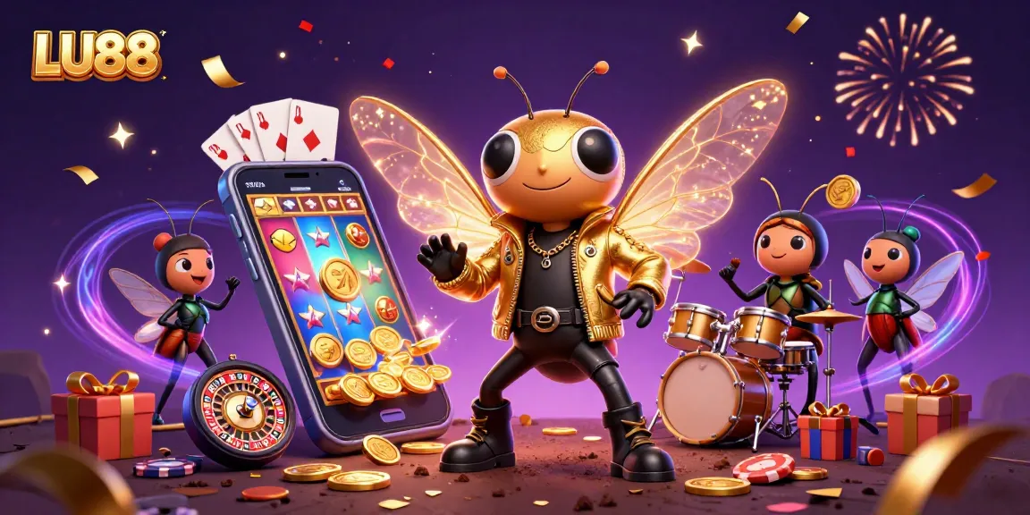 LU88 offers thrilling gaming experiences amid a vibrant scene with iconic casino elements.
