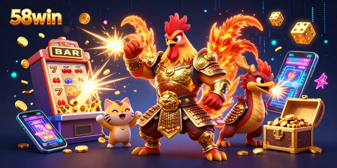 Experience thrilling games at 58win with a dynamic 3D illustration showcasing exciting slots and captivating characters.