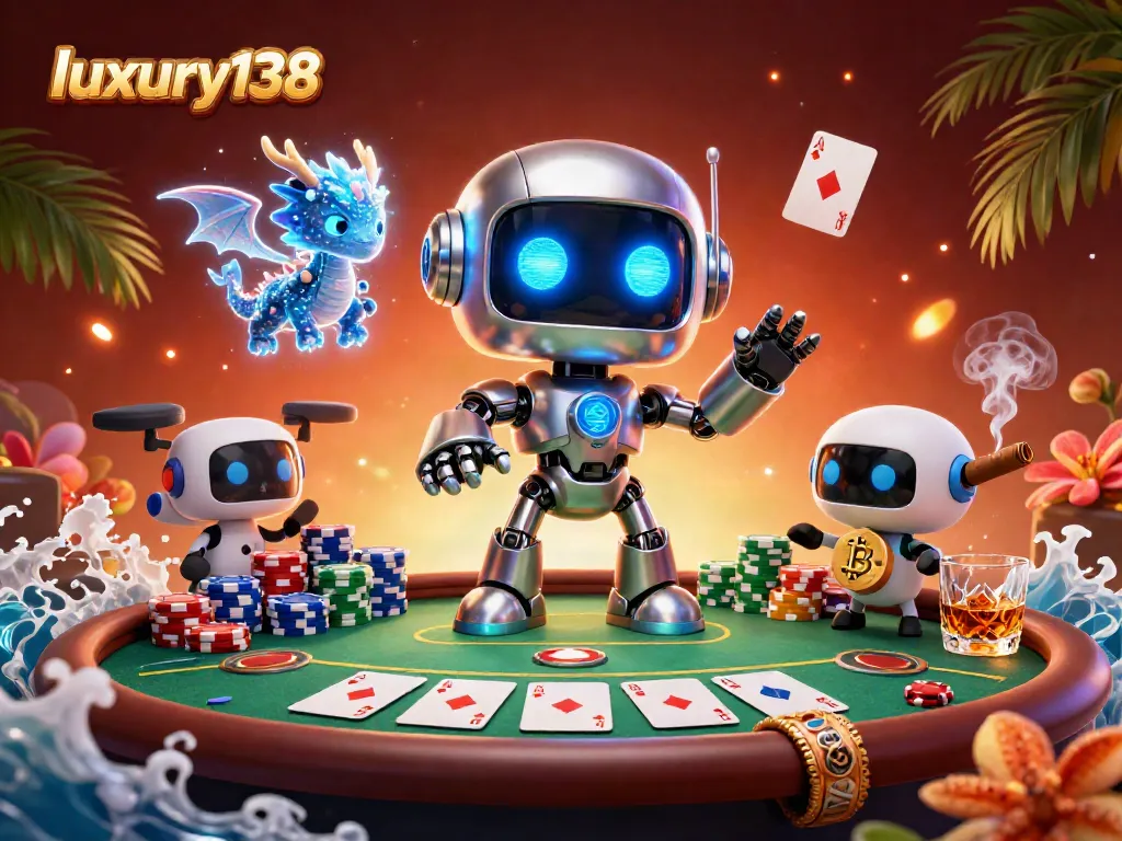 Experience luxury138 gaming with a vibrant 3D illustration showcasing poker action and digital characters.