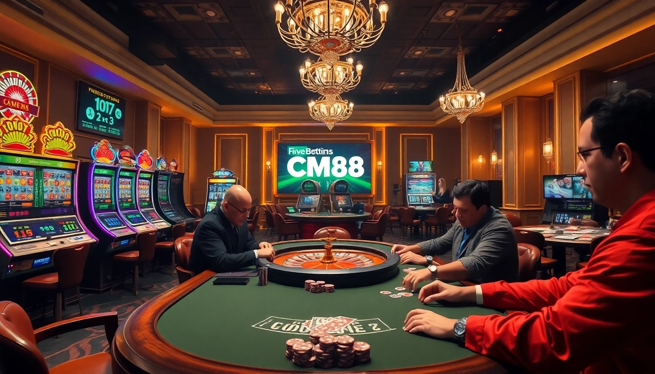 CM88 gaming interface showcasing an exciting casino scene with players at poker tables.
