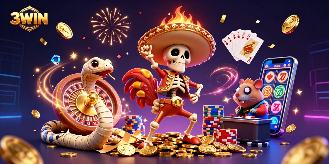 3WIN's 3D celebration scene with a skeleton rooster, mummy snake, and DJ hamster amidst sparkling coins and casino games.