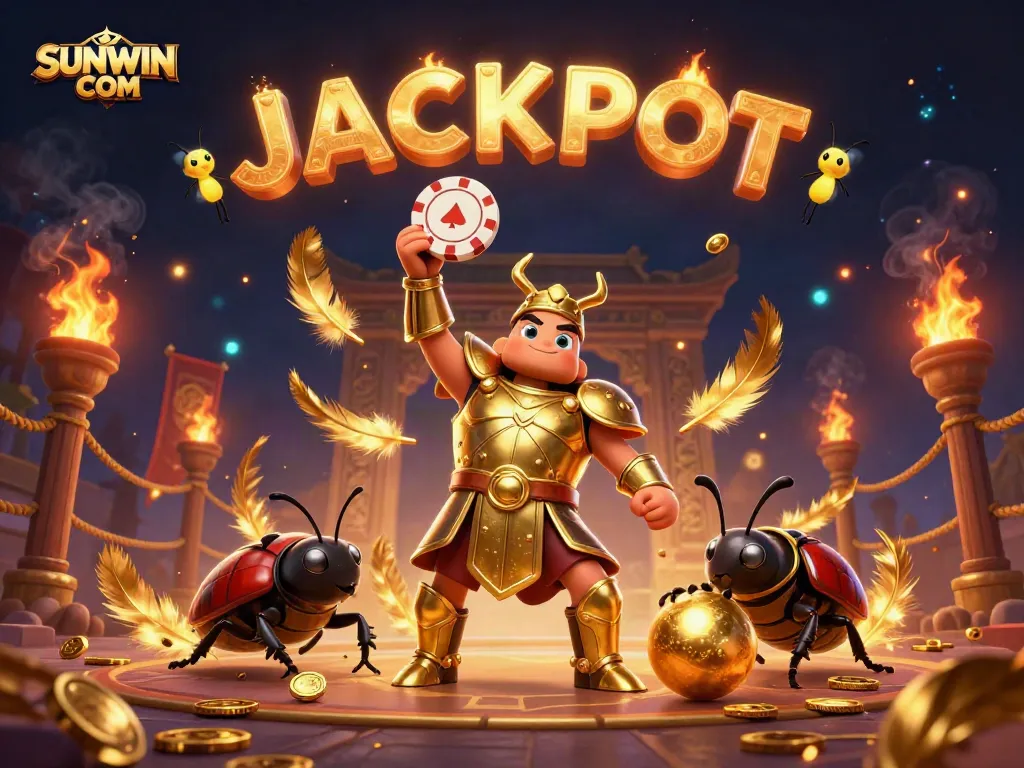 Win big with SUNWIN COM as a victorious beetle raises a poker chip amid rich casino elements.