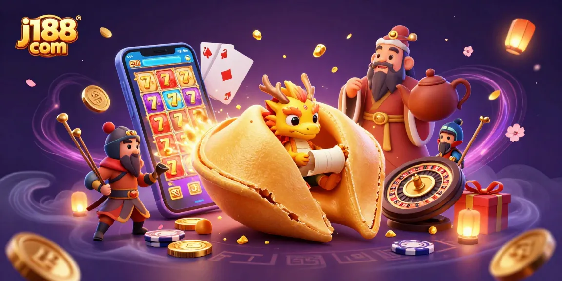 Win big with j188 com in this vibrant 3D casino illustration featuring golden fortune elements.