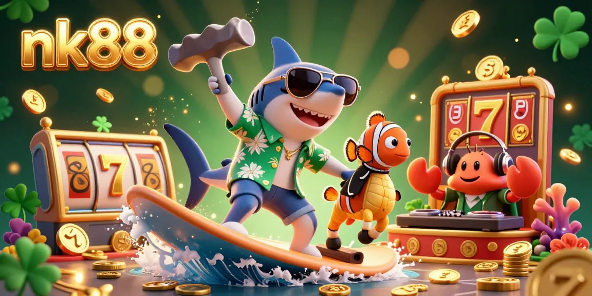 Experience thrilling wins at nk88 with a lively casino scene featuring dynamic characters, vibrant colors, and exciting gambling elements.