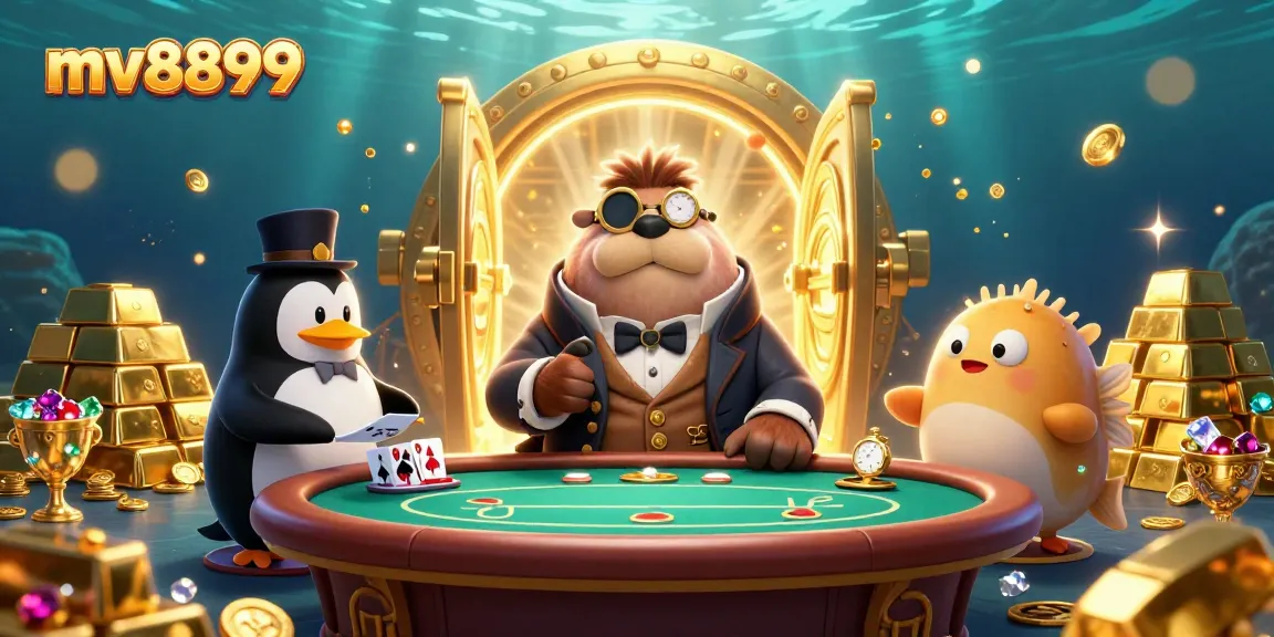 Join the enchanting underwater action at mv8899, where a jolly walrus plays poker amidst treasures.