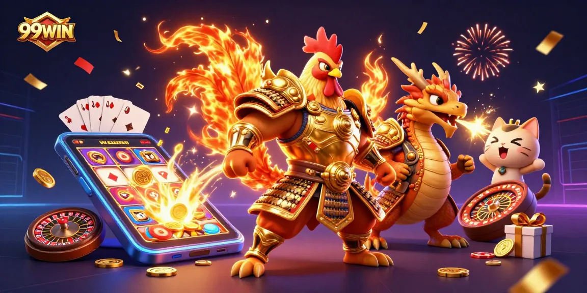 Engaging scene of 99WIN with a rooster warrior, dragon hatchling, and a fortune cat amidst vibrant casino elements.
