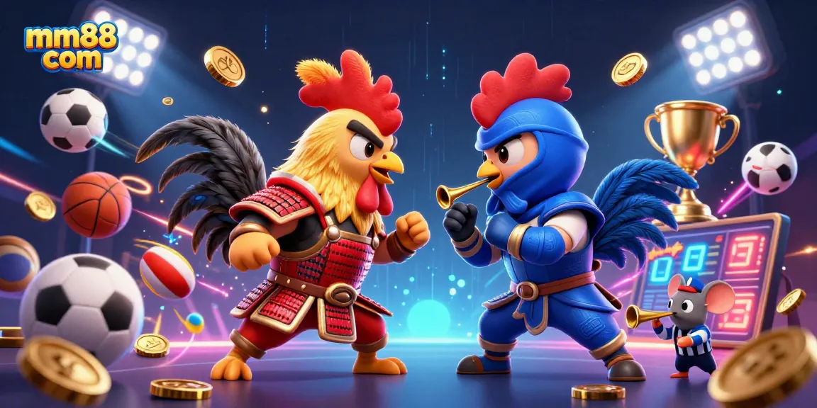 Win big with mm88 com as twin fighting roosters battle, surrounded by sports elements.