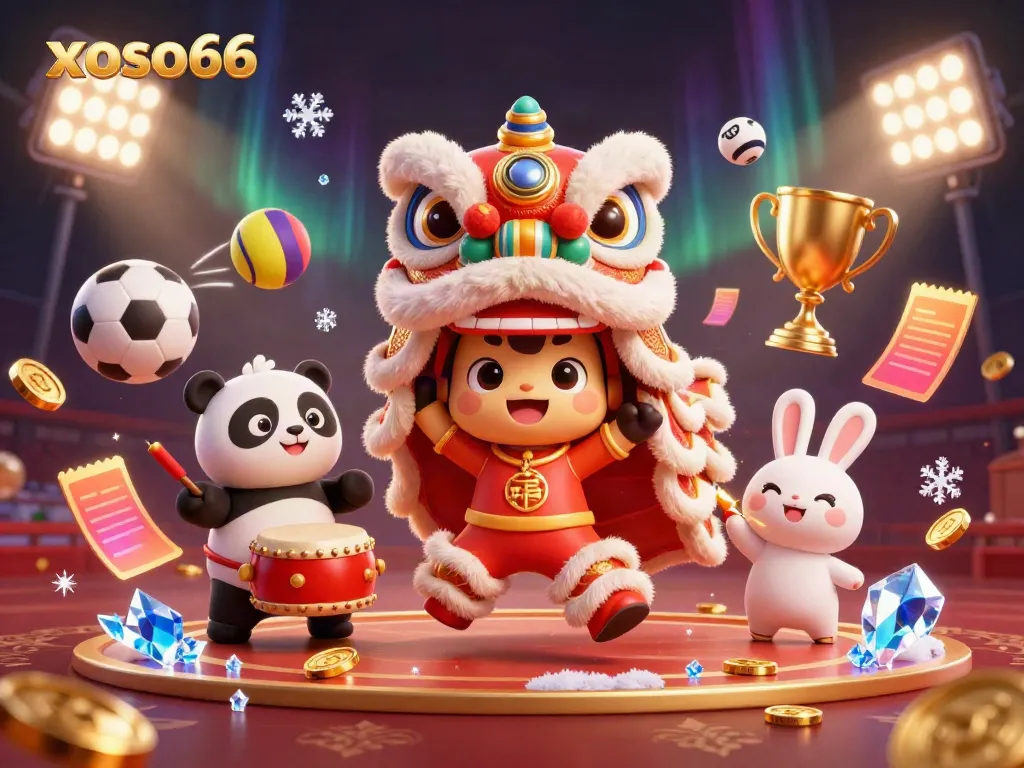 Experience the excitement at xoso66 with colorful characters performing traditional lion dance among dynamic sports elements.