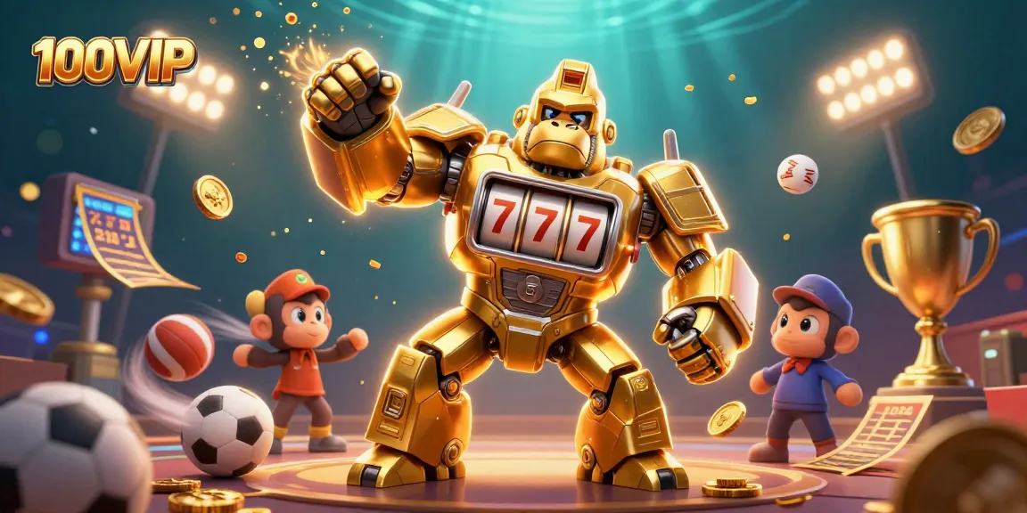 Bet on a thrilling 100VIP experience with a golden gorilla mech and dynamic sports elements.