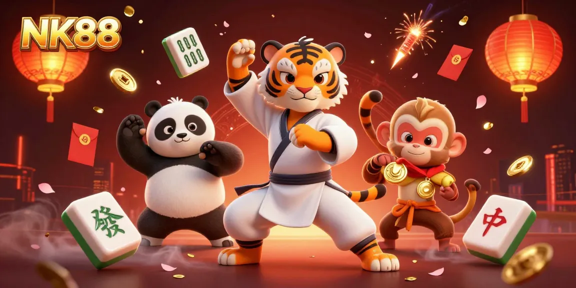 Gaming excitement with NK88, featuring a kung fu tiger master, panda disciple, and monkey student in a lively casino scene.