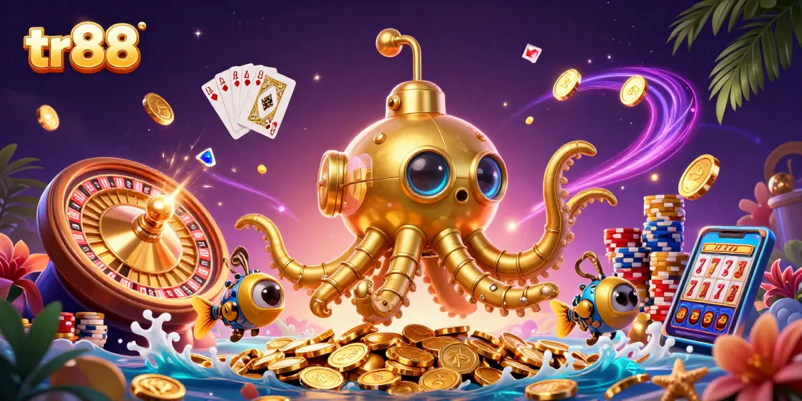 Play exciting casino games at tr88 with a vibrant illustration featuring a golden kraken and dynamic elements.