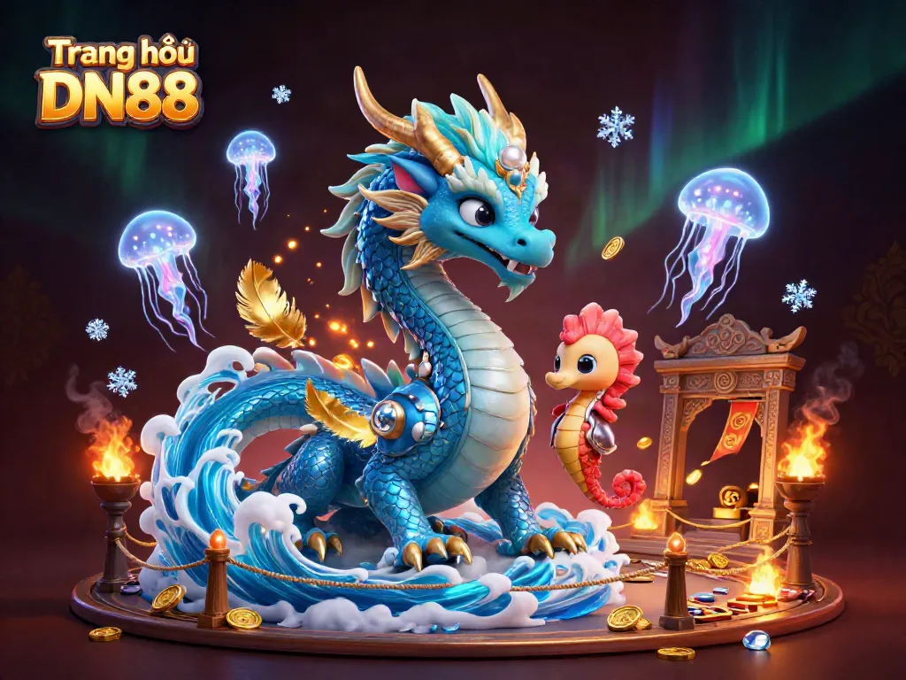 Experience the vibrant world of Trang chủ DN88 with an azure water dragon and coral knight in this dynamic casino illustration.