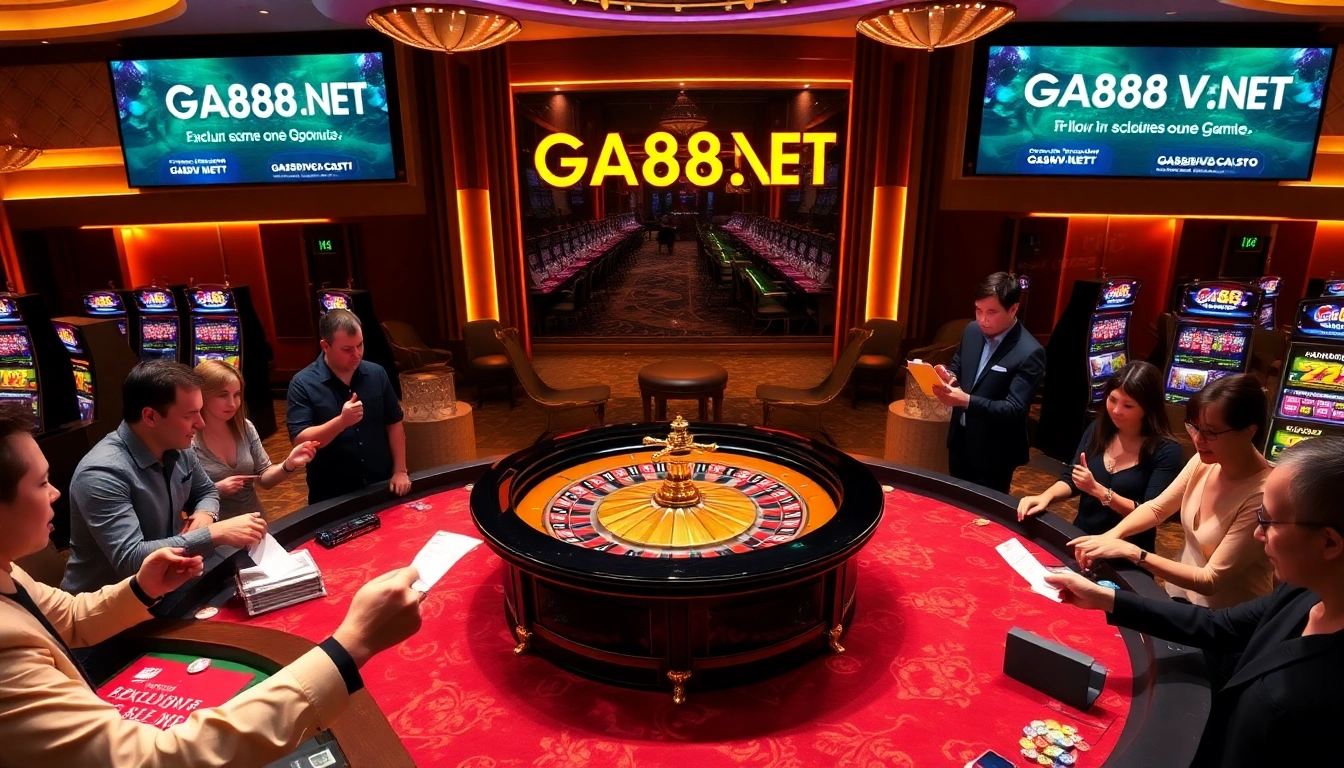 Experience the thrill of GA888V.NET with vibrant casino scenes showcasing players at roulette and with poker chips.