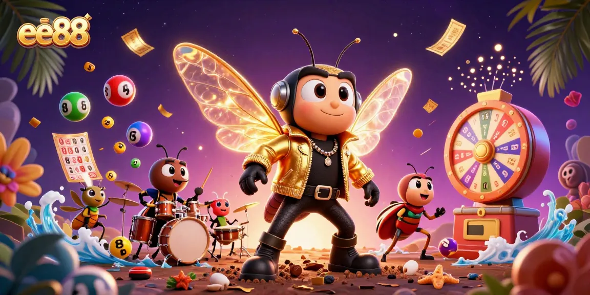 ee88's vibrant lottery scene featuring a cicada rock star and colorful elements promoting engagement.