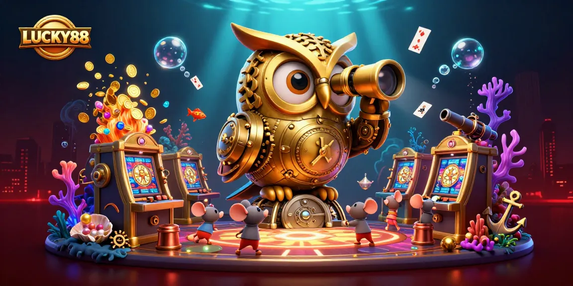 Winning big with LUCKY88 at the casino, featuring a golden owl and classic games!