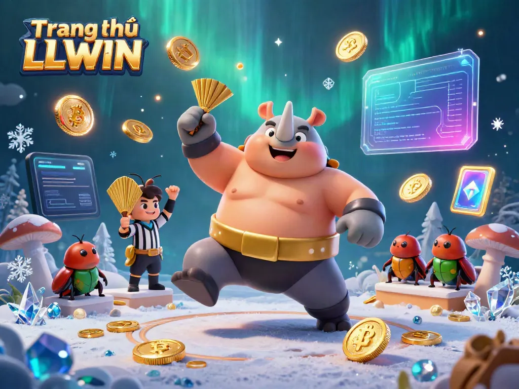 Experience the vibrant energy of Trang chủ LLWIN as a sumo rhinoceros beetle triumphantly stomps, sending golden coins flying amid an immersive gaming scene.