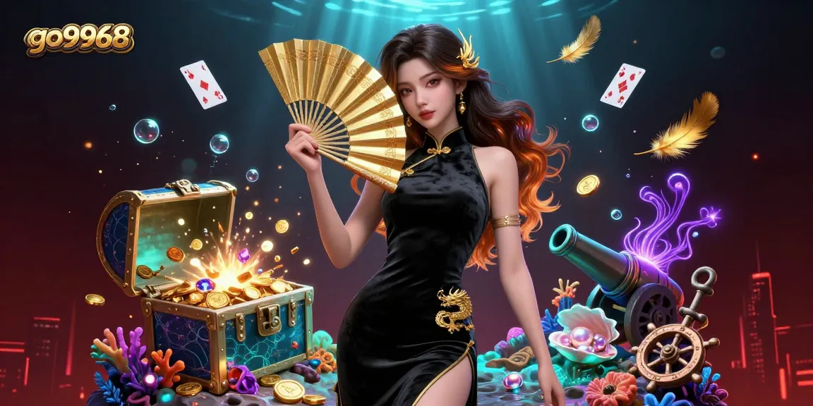 Engage with go9968's captivating gaming atmosphere, featuring a stunning woman in an underwater casino.