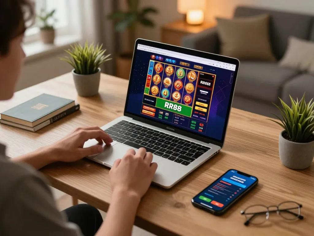 Engaging RR88 online casino setup with vibrant gaming interface and cozy atmosphere.