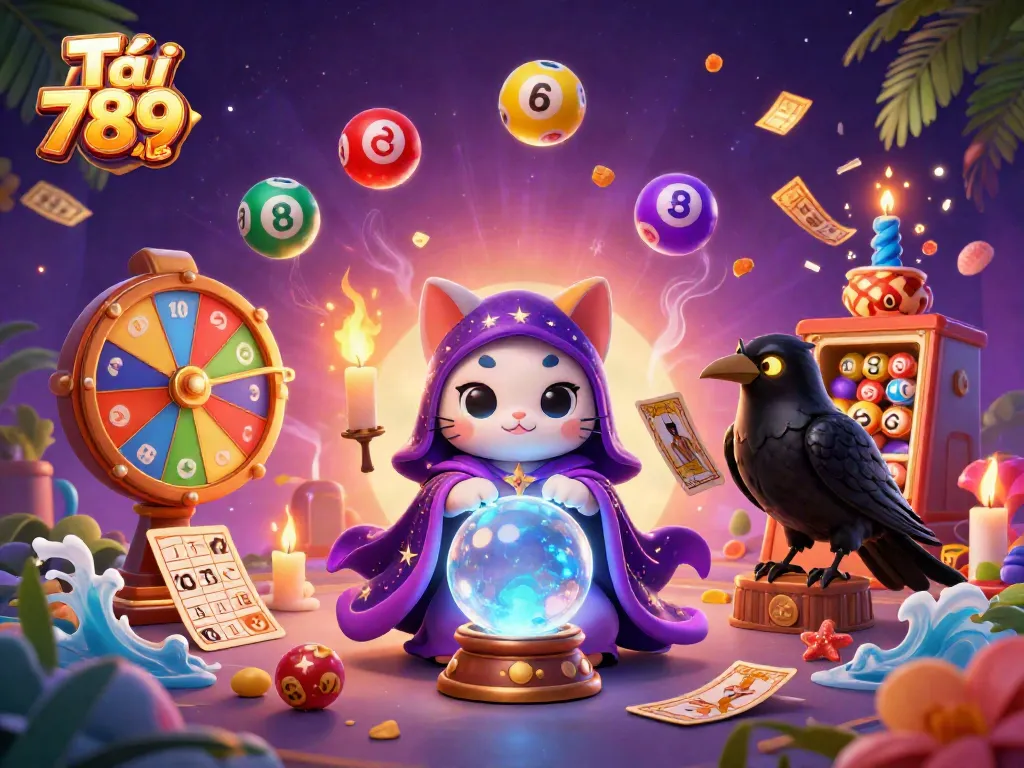Engage with Tải 789CLUB through an exciting 3D illustration showcasing vibrant casino elements and mystical characters.