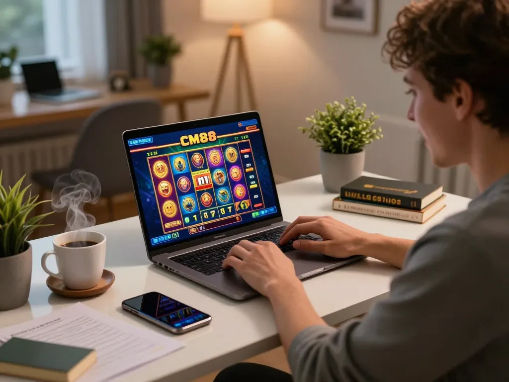 Player engaging with CM88 online casino slot games in a cozy home office setting