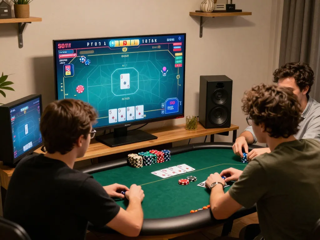 Nhà cái Jun88 engaging in competitive online poker, showcasing vibrant game interface and relaxed home setup